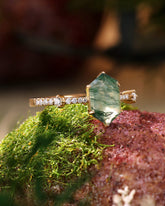 TERRA Long Hexagon Cut Moss Agate and Delicate Moissanite Engagement Ring